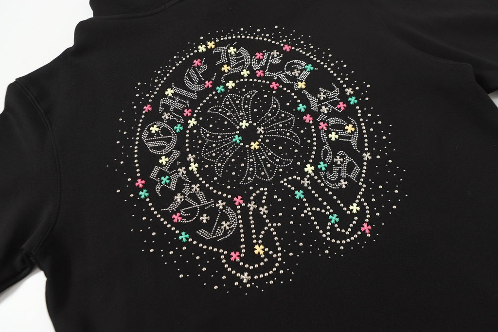 Colorful Rhinestone Hoodie - Black Gothic Street Sweatshirt 2608