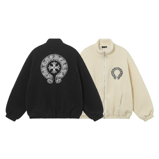 Horseshoe Embroidered Sherpa Jacket - Black Cream Gothic Coat 825