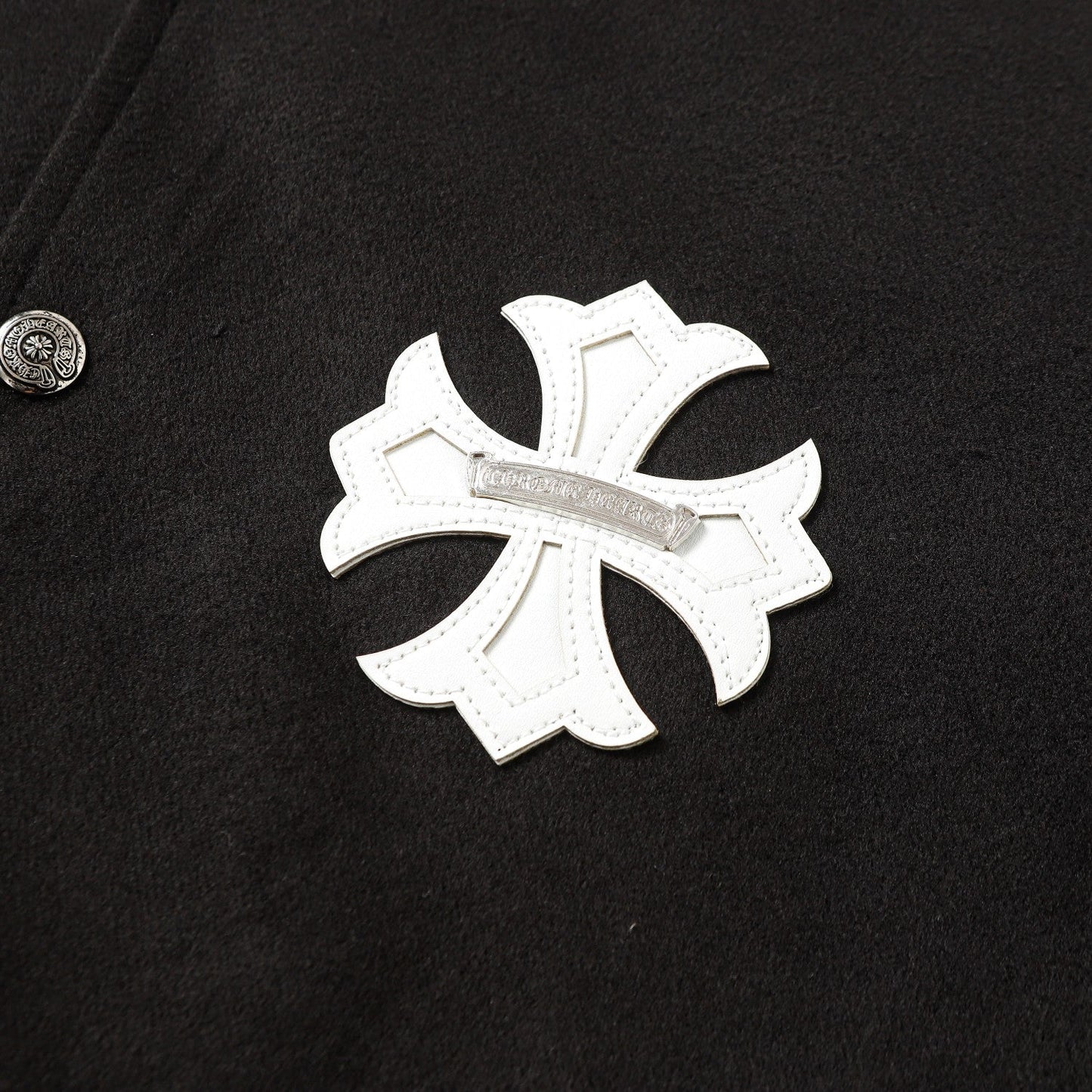 Cross Embroidered Leather Sleeve Varsity Jacket - Black Street Style 116