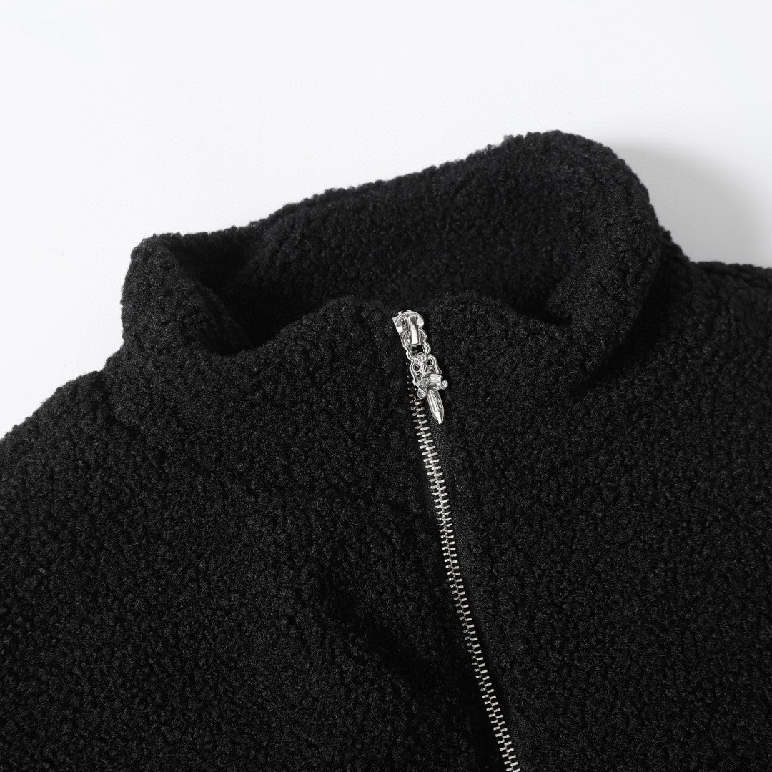 Horseshoe Embroidered Sherpa Jacket - Black Cream Gothic Coat 825