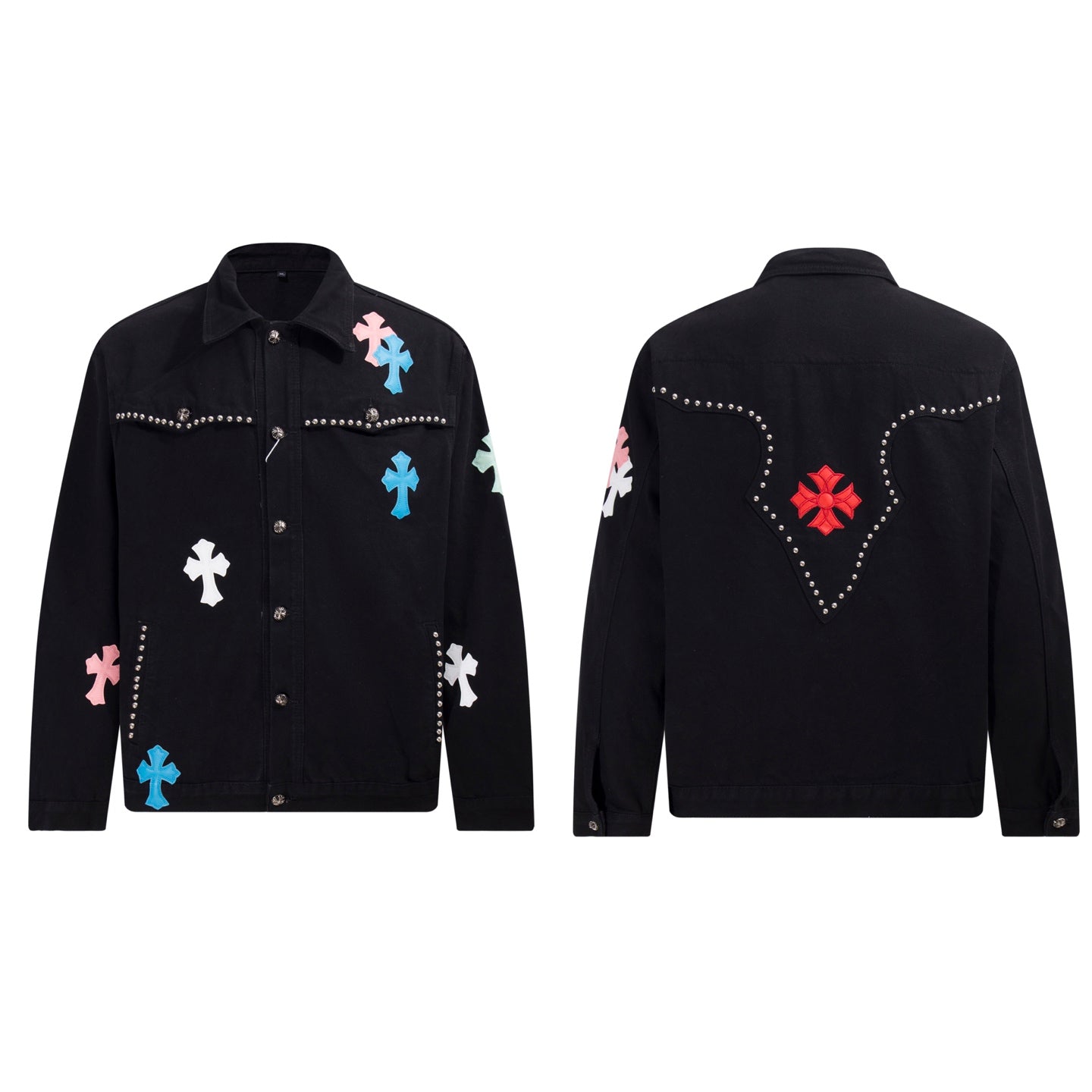 Multi Cross Studded Denim Jacket - Black Gothic Streetwear Coat H49