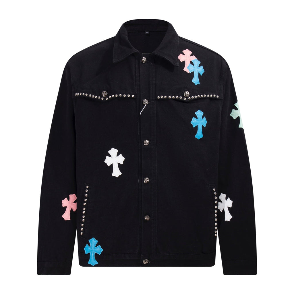 Multi Cross Studded Denim Jacket - Black Gothic Streetwear Coat H49